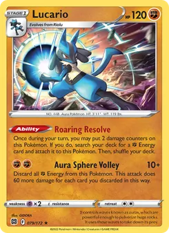 Lucario [Roaring Resolve | Aura Sphere Volley] 카드 이미지