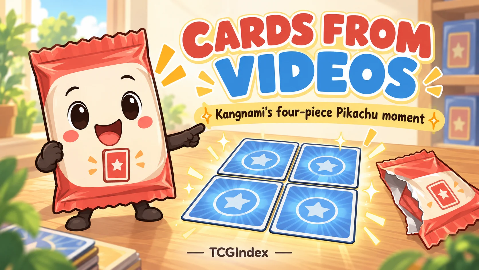 TCGIndex AI illustration with the approved Packy mascot and generic card backs. It is not a recreated creator scene; the original opening and official card reference images are linked below.