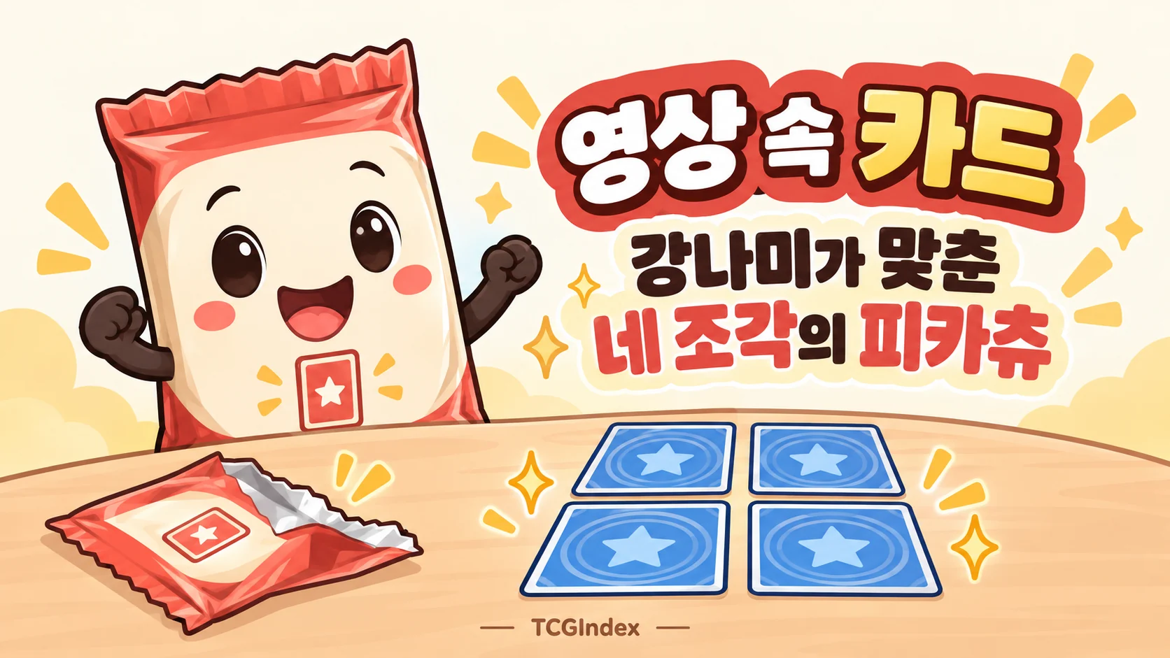 승인된 팩키와 카드 뒷면을 그린 TCGIndex AI 일러스트입니다. 원본 개봉 장면은 아래 유튜브 링크에서, 실제 카드 그림은 본문의 공식 참고 이미지에서 확인하세요.