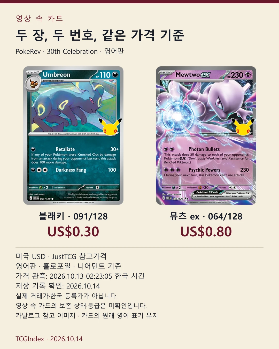 블래키와 뮤츠 ex의 전체 번호·미국 참고가격·관측일을 정리한 한국어 카드뉴스