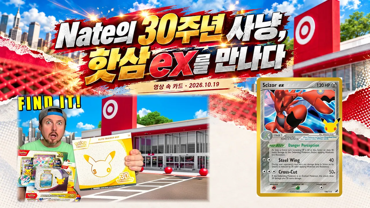 원본 썸네일·실제 장면: RealBreakingNate. 카드 원본: TCGplayer. ImageGen 배경·타이포그래피와 원본 픽셀을 결합한 독립 TCGIndex 편집.