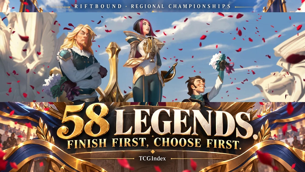 Riot’s original announcement artwork combined with ImageGen editorial design by TCGIndex. Not a photograph of the prize cards or a market price chart.